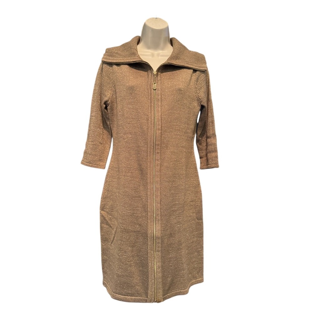Calvin Klein Gold Metallic Lurex Zip Front Knit Sheath‎ Dress Medium